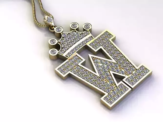 Alphabet Letter W Pendant with crown cad design