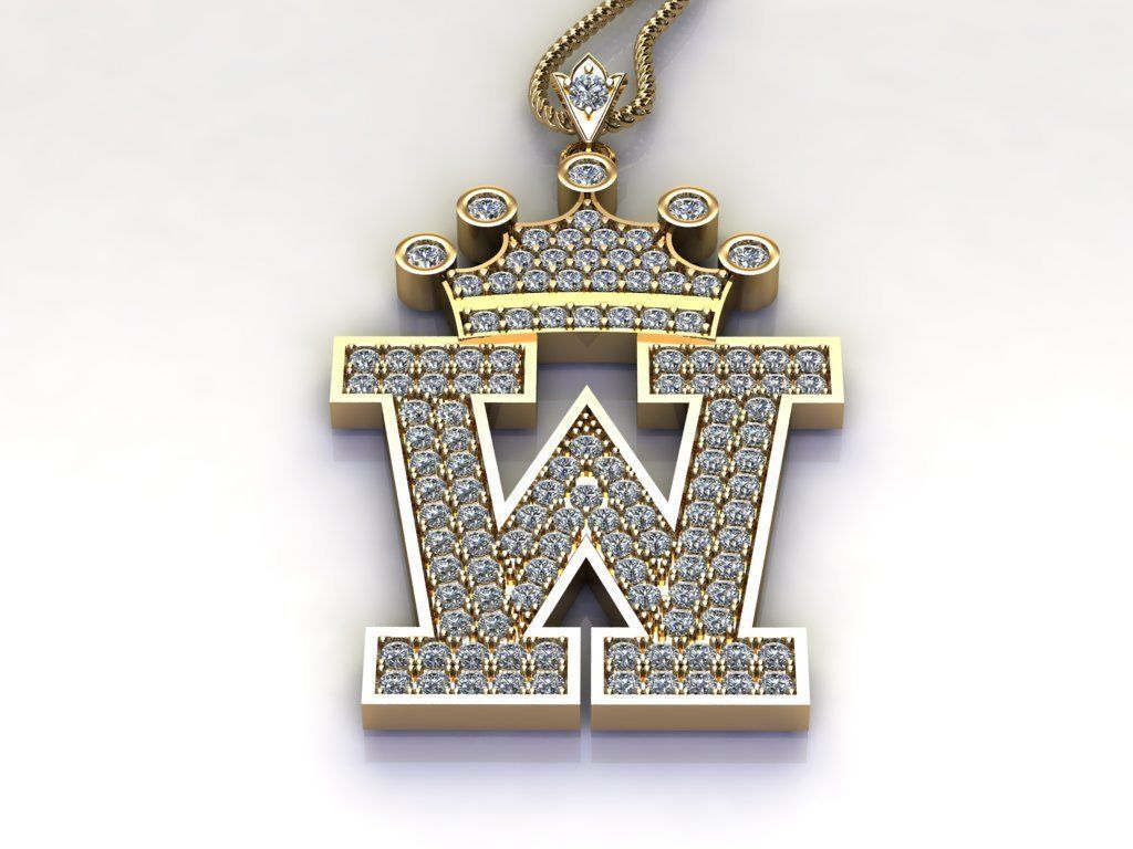 Alphabet Letter W Pendant with crown cad design 3D model_4