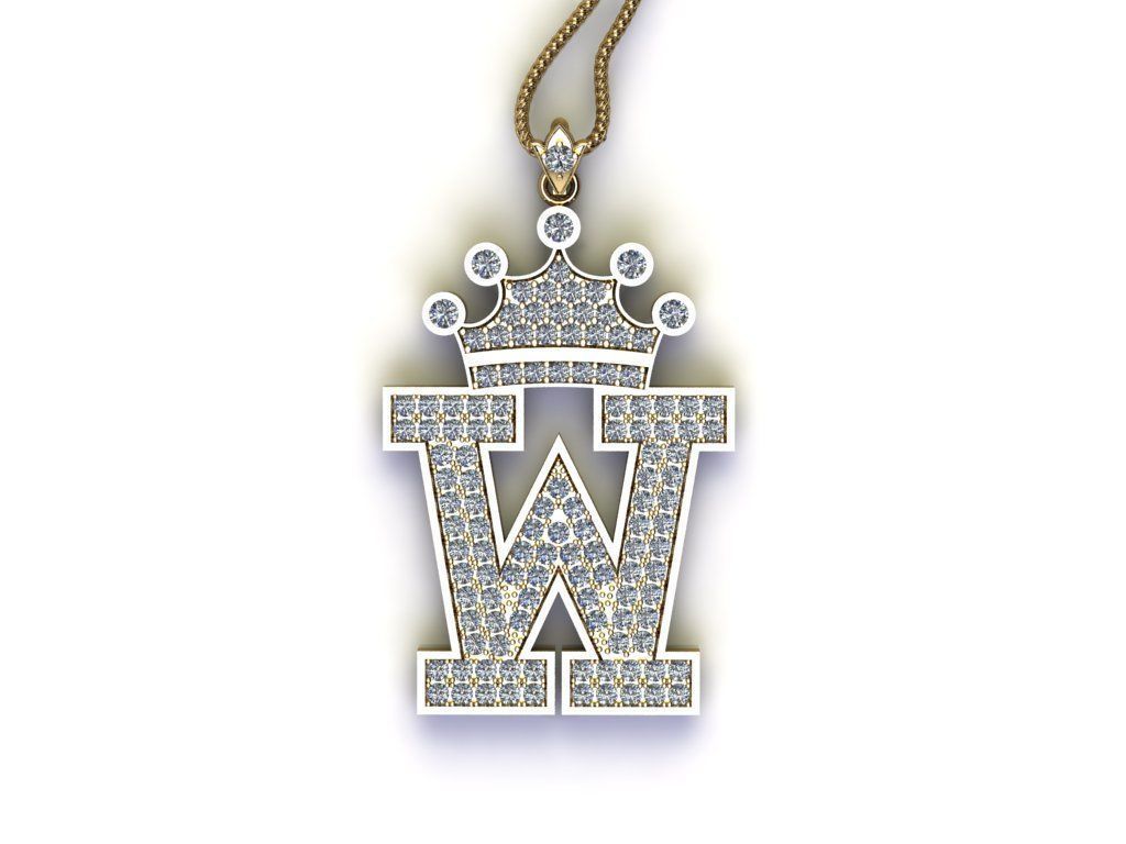 Alphabet Letter W Pendant with crown cad design 3D model_2