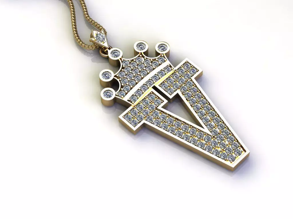 Alphabet Letter V Pendant with crown cad design 3D model_0