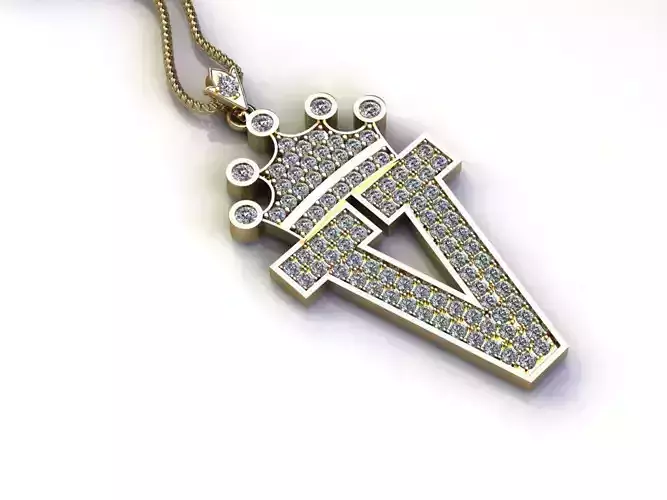 Alphabet Letter V Pendant with crown cad design