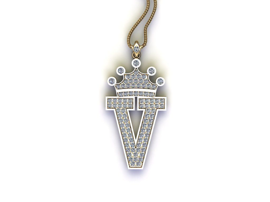Alphabet Letter V Pendant with crown cad design 3D model_2