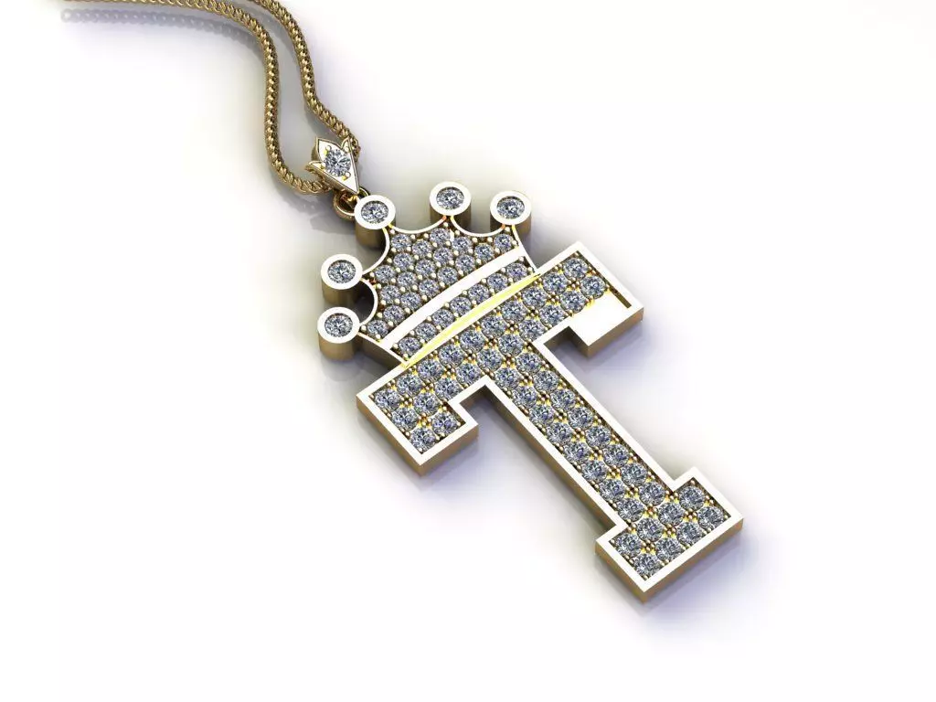 Alphabet Letter T Pendant with crown cad design 3D model_0