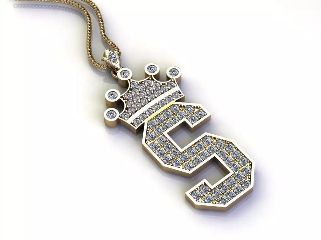 Alphabet Letter S Pendant with crown cad design 3D model_0