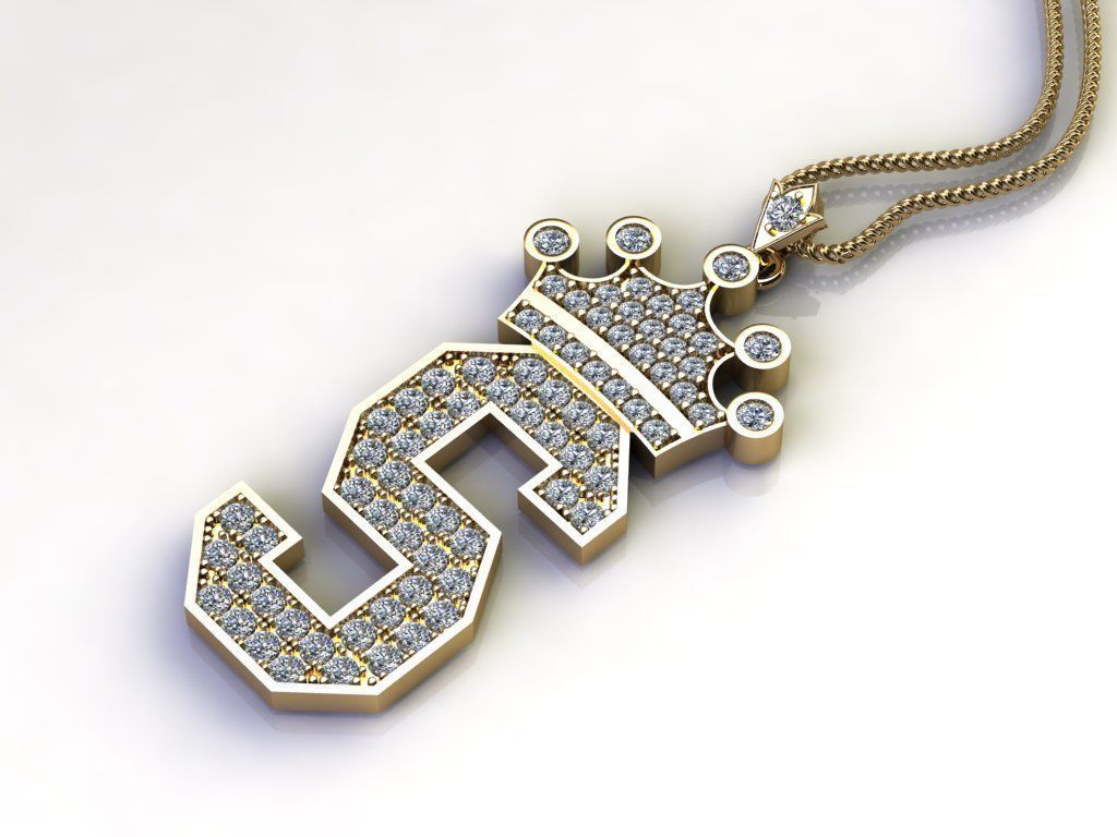 Alphabet Letter S Pendant with crown cad design 3D model_3