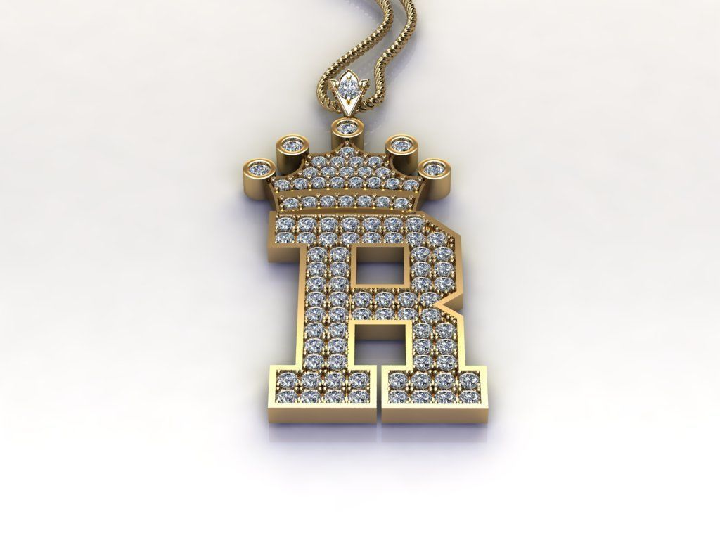 Alphabet Letter R Pendant with crown cad design 3D model_3