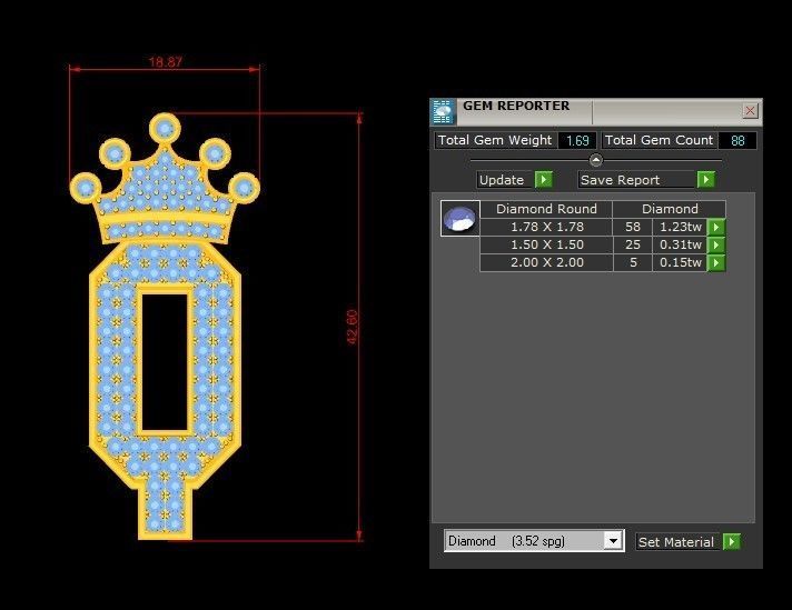 Alphabet Letter Q Pendant with crown cad design 3D model_1