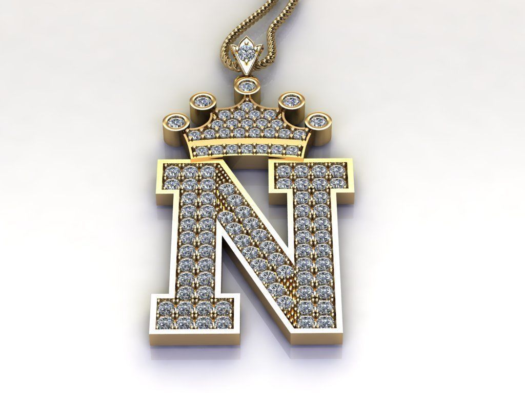 Alphabet Letter N Pendant with crown cad design 3D model_4