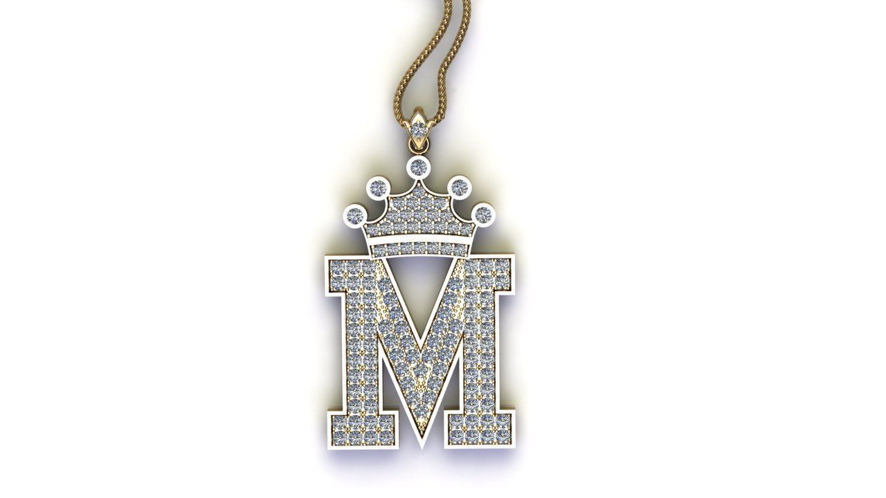 Alphabet Letter M Pendant with crown cad design 3D model_2