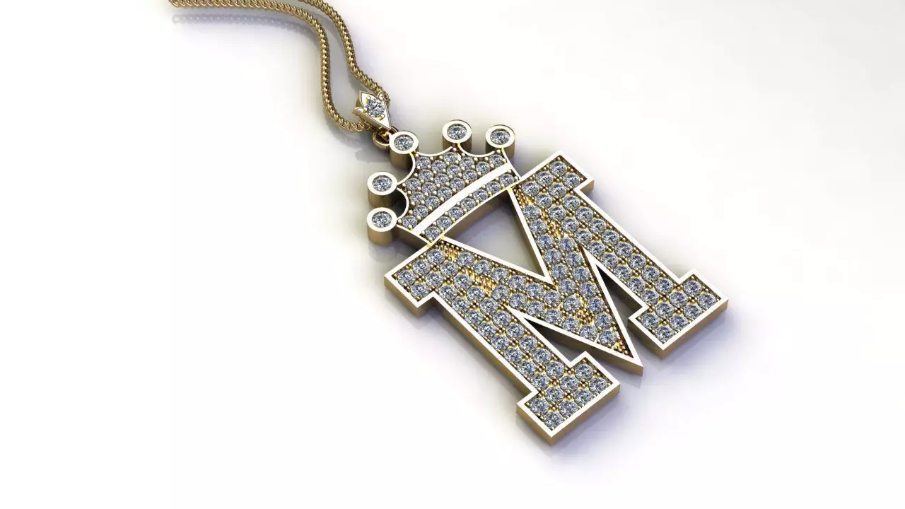 Alphabet Letter M Pendant with crown cad design 3D model_0