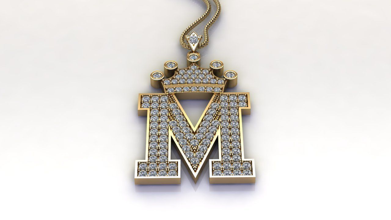 Alphabet Letter M Pendant with crown cad design 3D model_4
