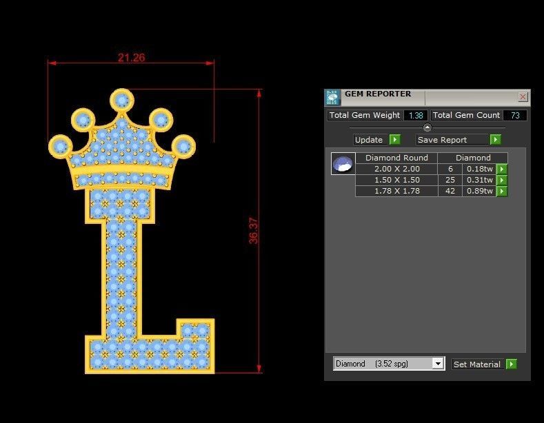 Alphabet Letter L Pendant with crown cad design 3D model_2