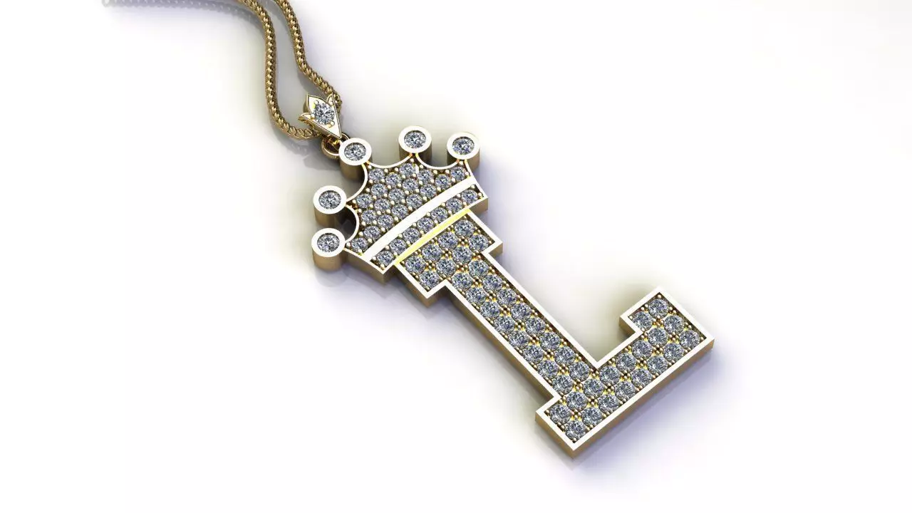 Alphabet Letter L Pendant with crown cad design 3D model_0