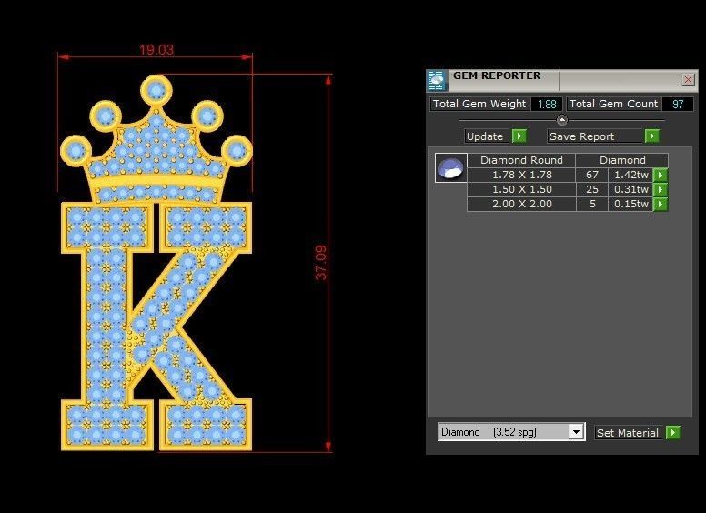 Alphabet Letter K Pendant with crown cad design 3D model_1