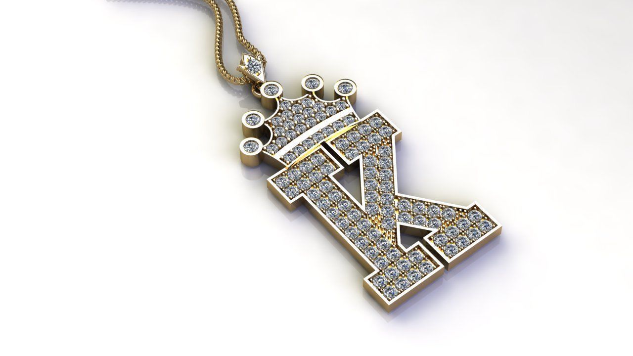 Alphabet Letter K Pendant with crown cad design 3D model_2