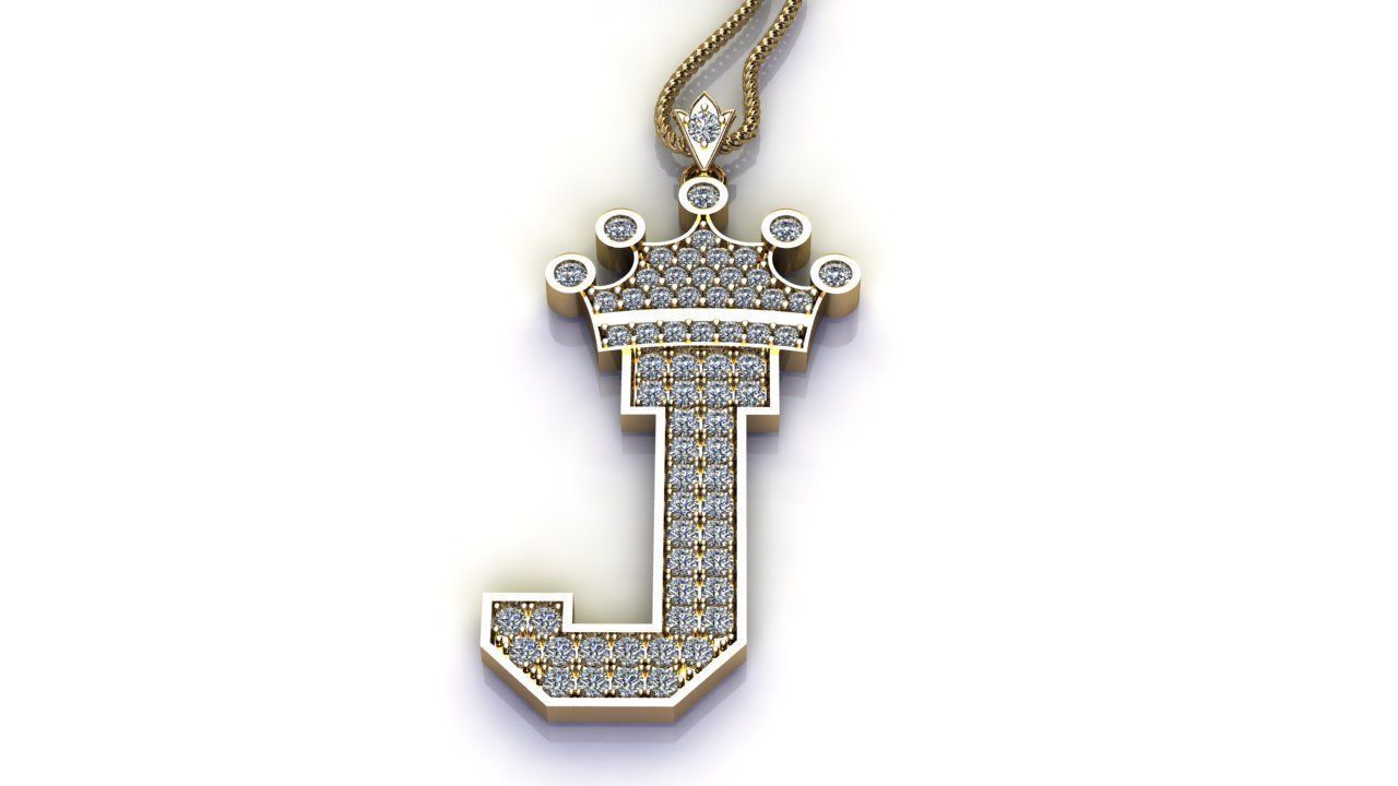 Alphabet Letter J Pendant with crown cad design 3D model_4