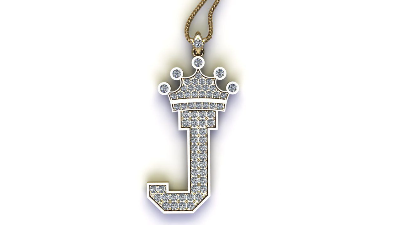 Alphabet Letter J Pendant with crown cad design 3D model_2