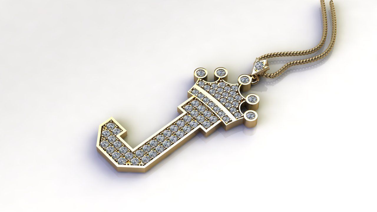 Alphabet Letter J Pendant with crown cad design 3D model_3