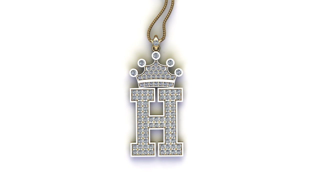 Alphabet Letter H Pendant with crown cad design 3D model_2
