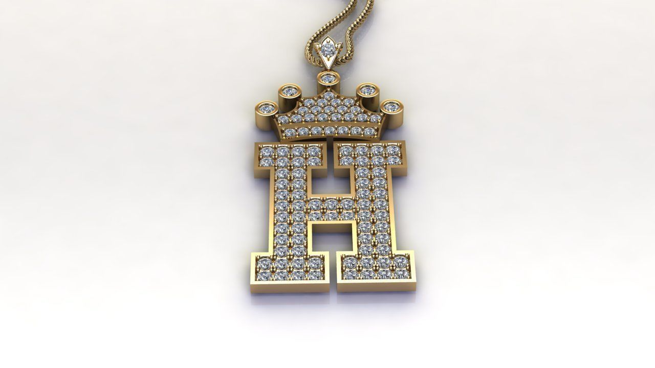 Alphabet Letter H Pendant with crown cad design 3D model_4