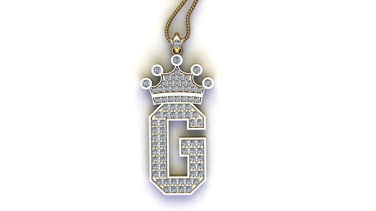 Alphabet Letter G Pendant with crown cad design 3D model_2