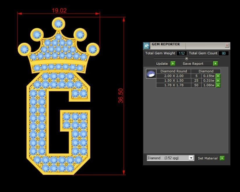Alphabet Letter G Pendant with crown cad design 3D model_1