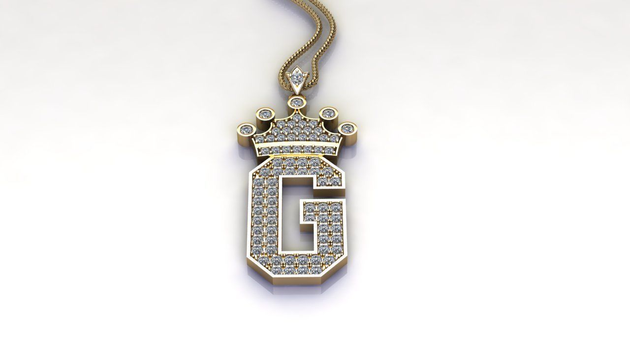 Alphabet Letter G Pendant with crown cad design 3D model_3