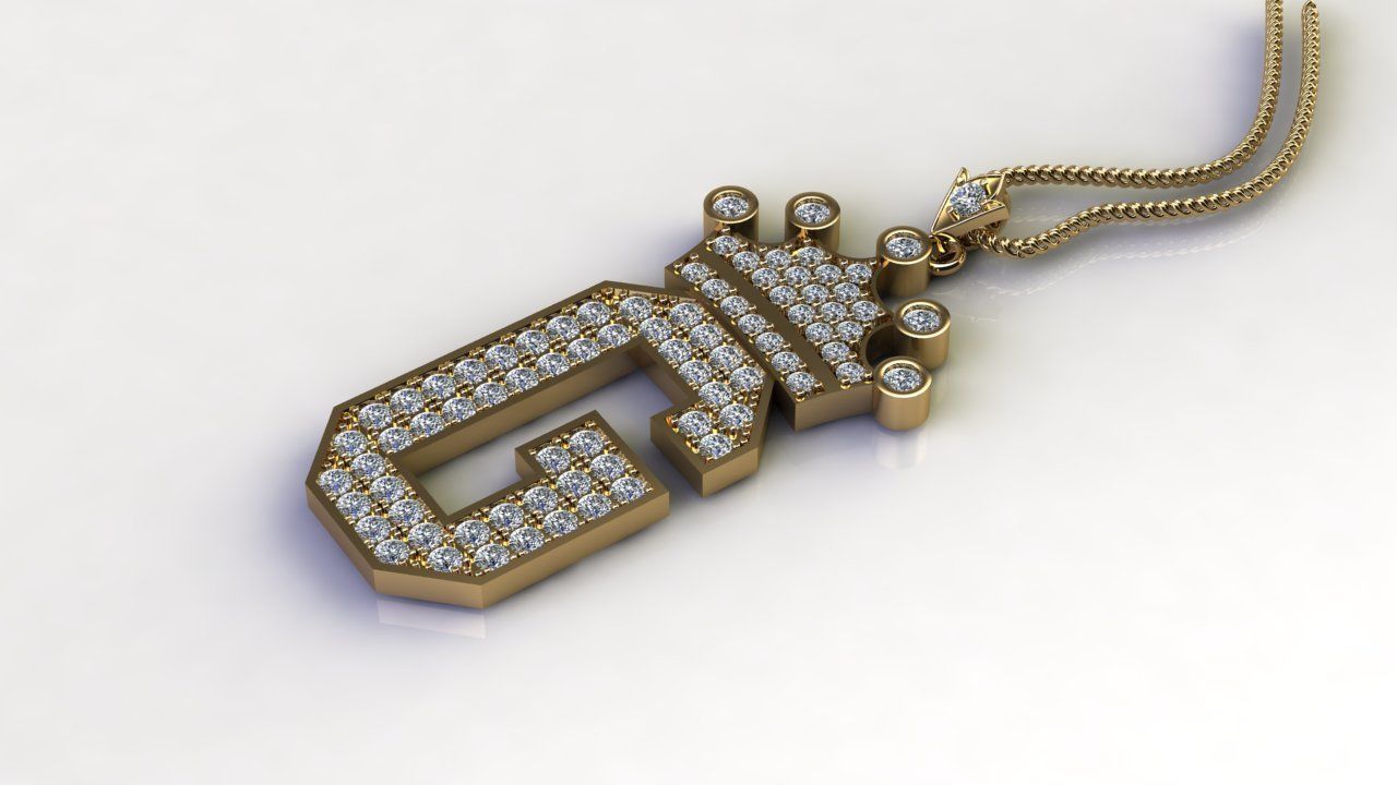 Alphabet Letter G Pendant with crown cad design 3D model_4