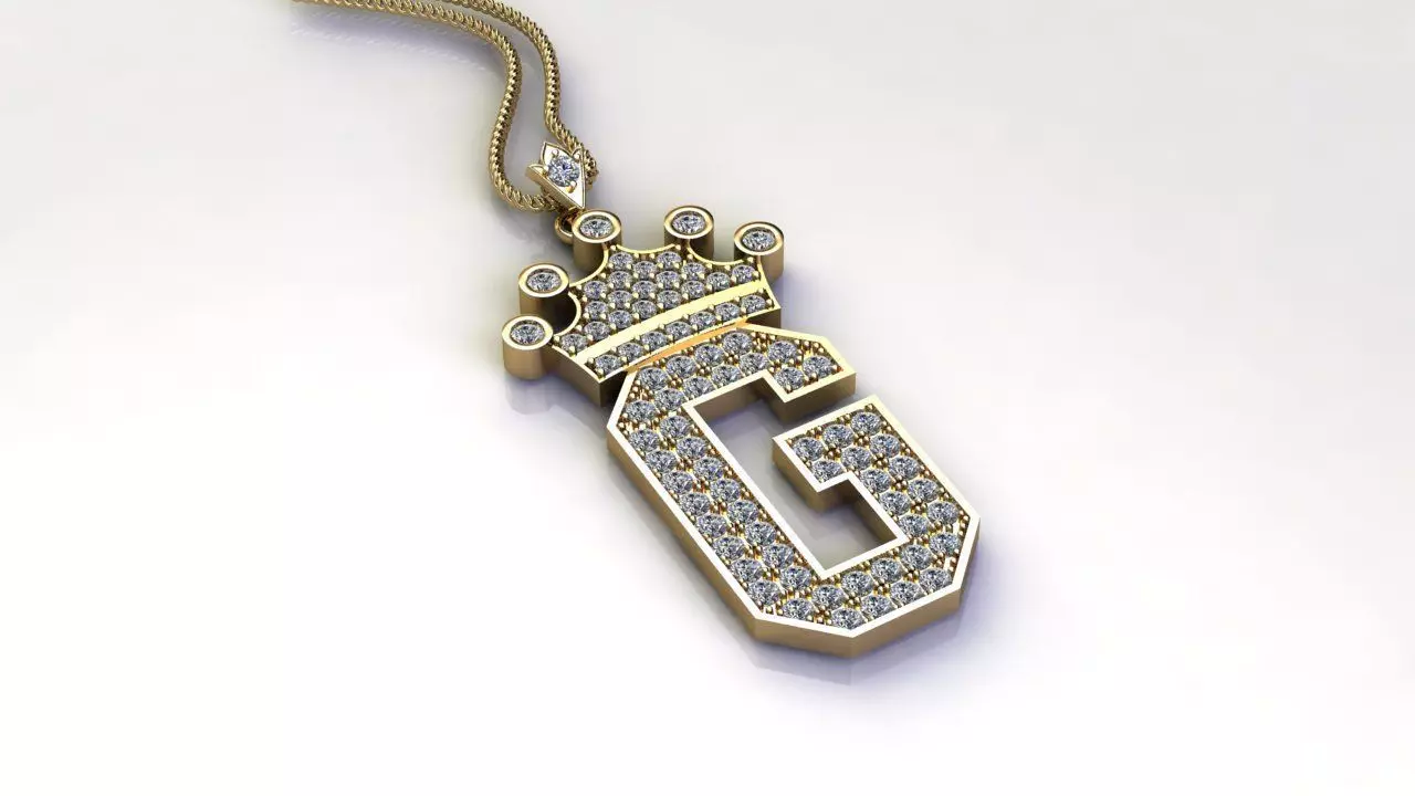 Alphabet Letter G Pendant with crown cad design 3D model_0