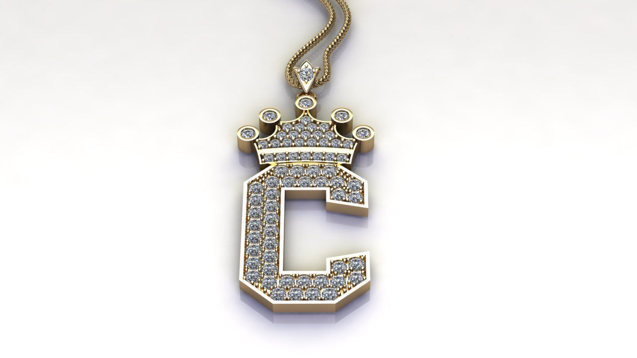 Alphabet Letter C Pendant with crown cad design 3D model_4