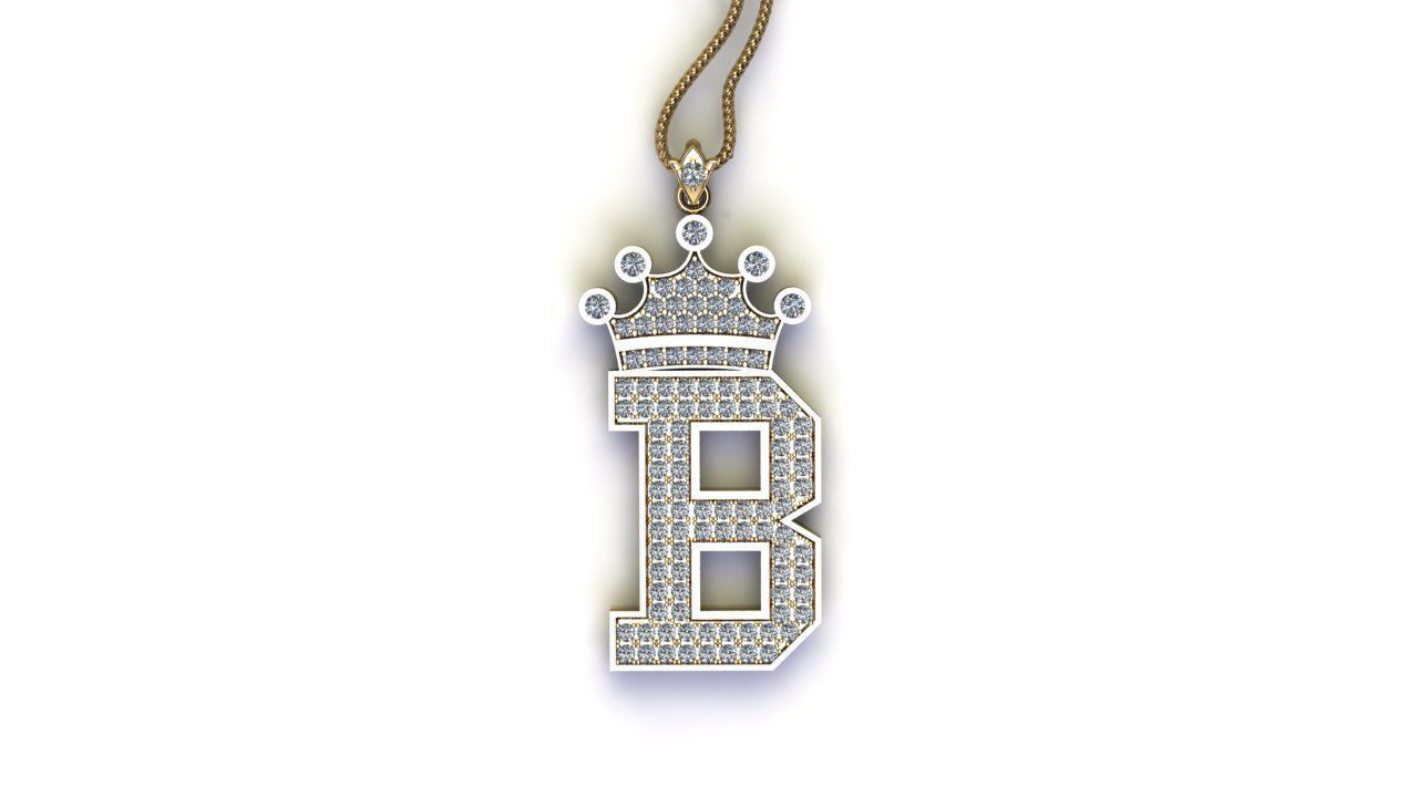 Alphabet Letter B Pendant with crown cad design 3D model_3