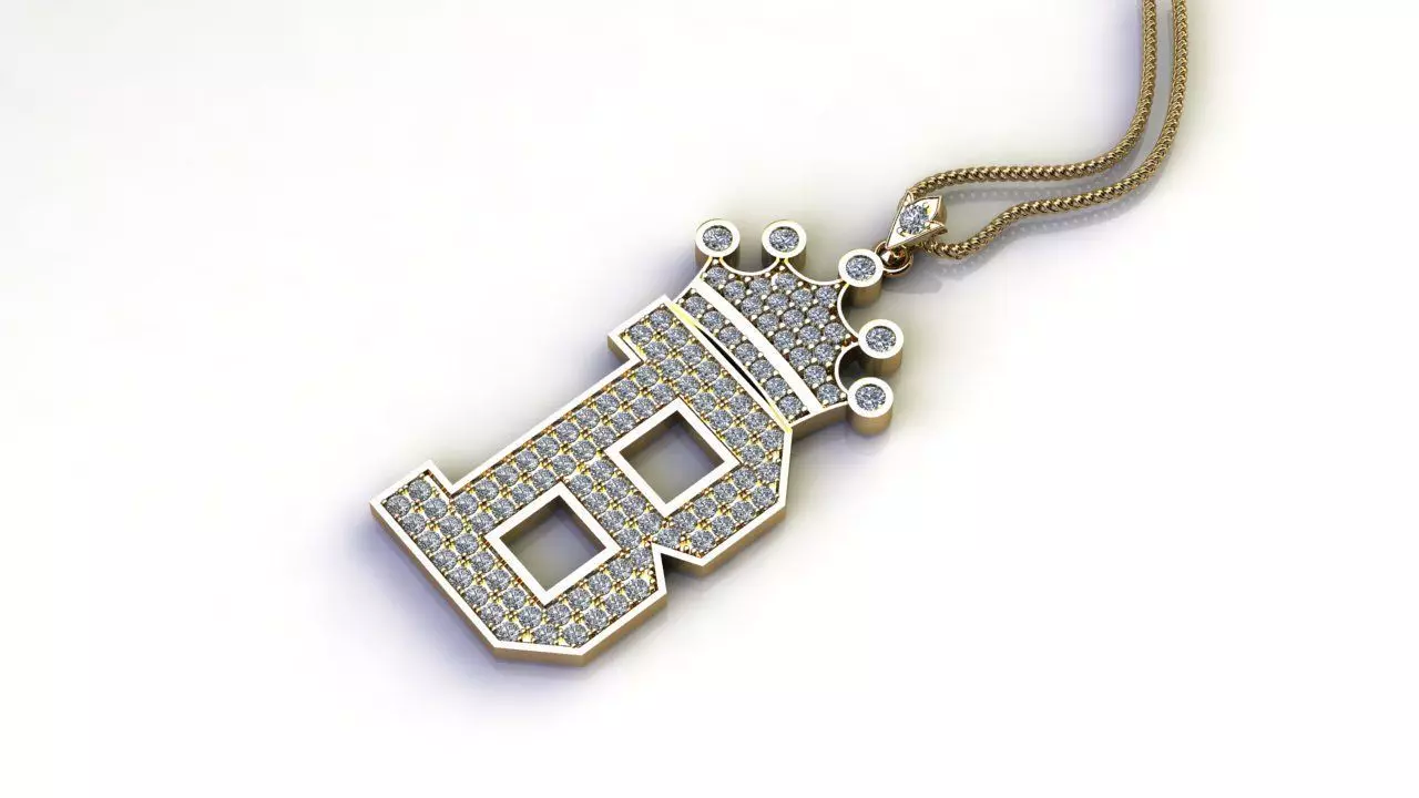 Alphabet Letter B Pendant with crown cad design 3D model_0