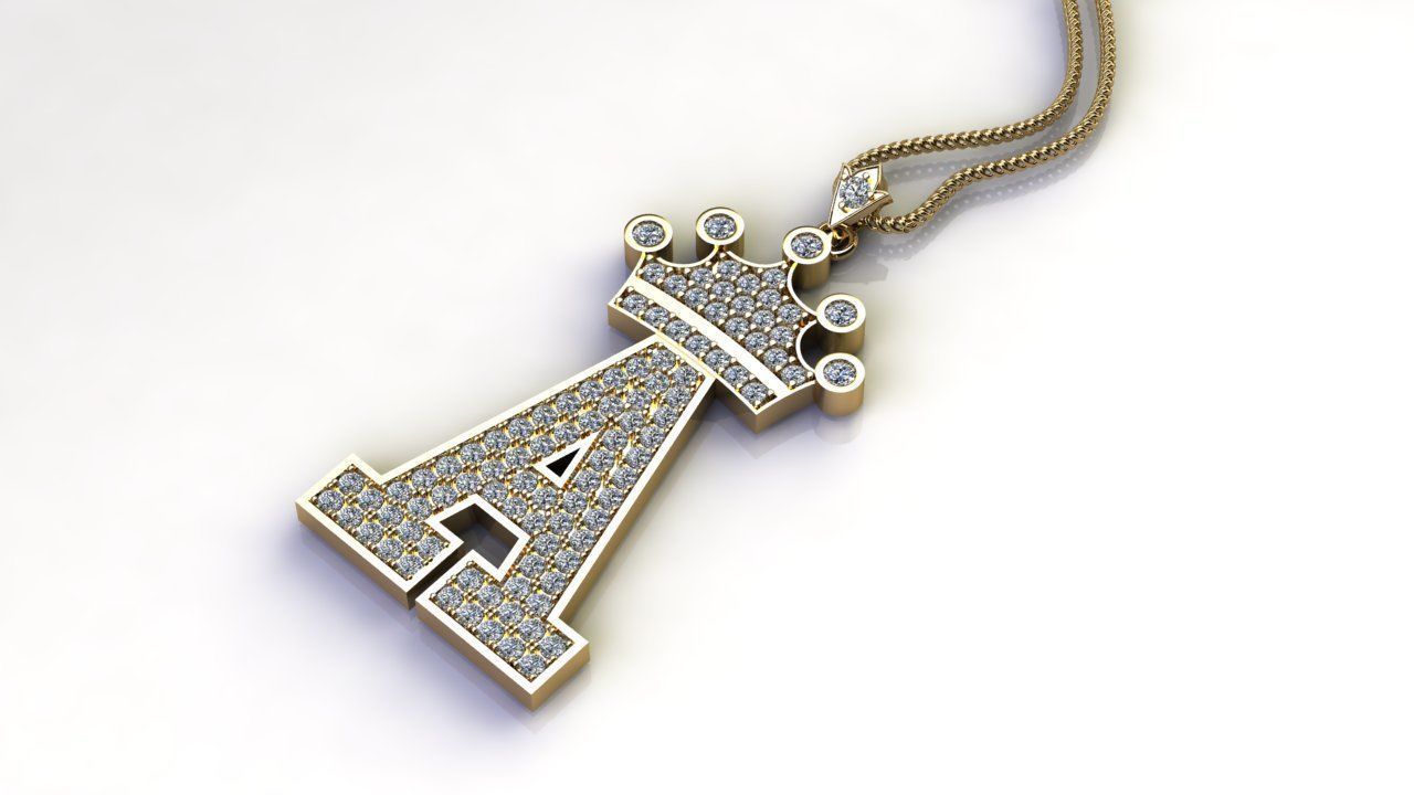 Alphabet Letter A Pendant with crown cad design 3D model_2