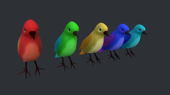Birds group of colorful Low-poly 3D model