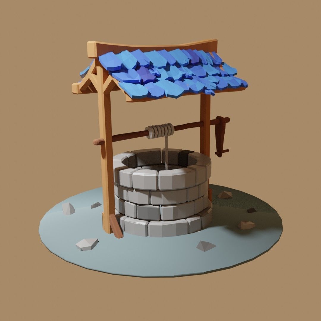 lowpoly well water with tiles Free low-poly 3D model_1