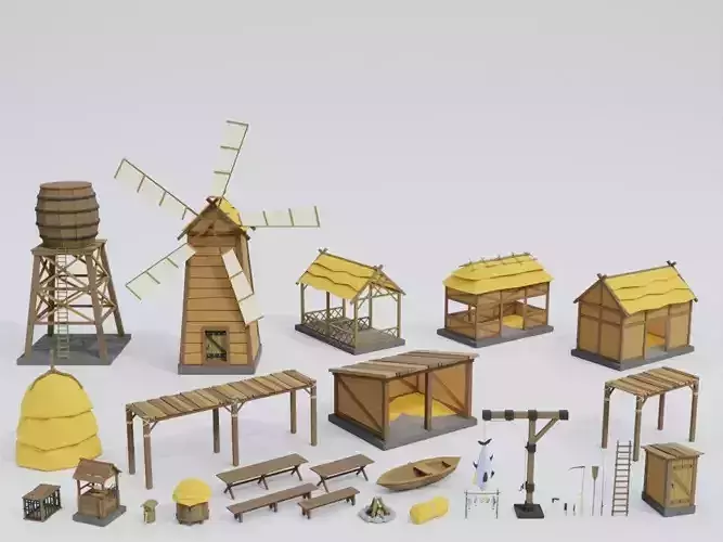 Low poly outbuildings and props set