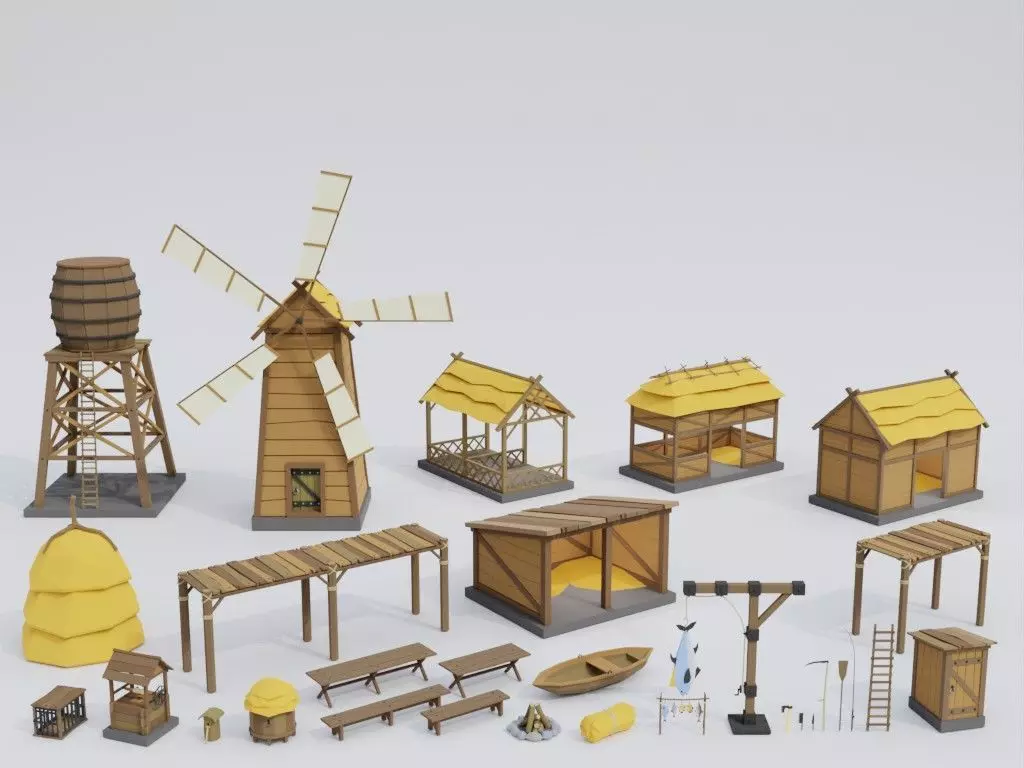 Low poly outbuildings and props set Low-poly 3D model_0