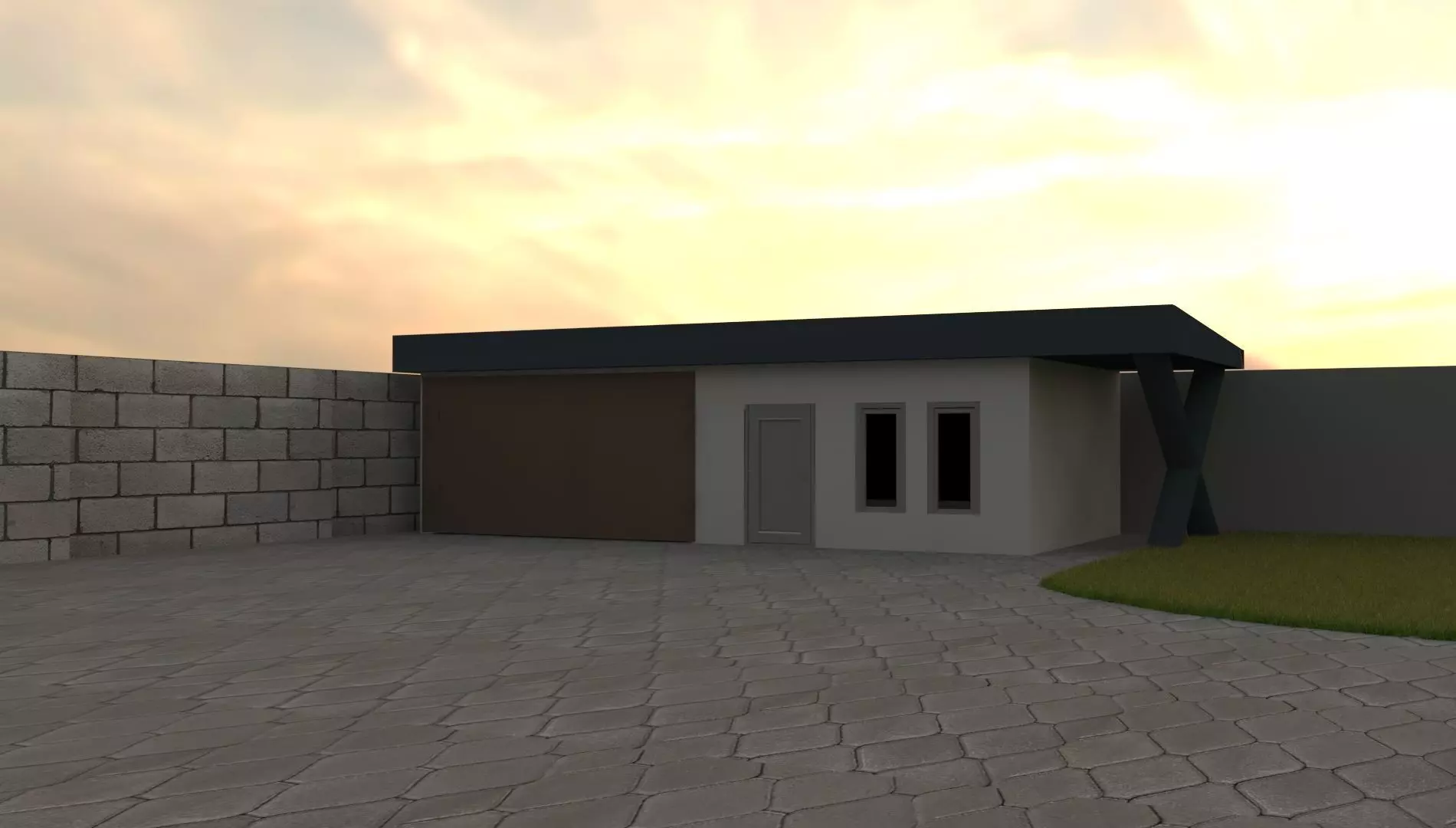 Garage house with at sunset 3D model_0