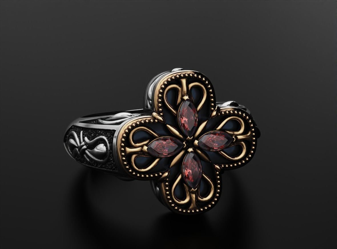 Ring with marquise and patterns 587 3D print model_3