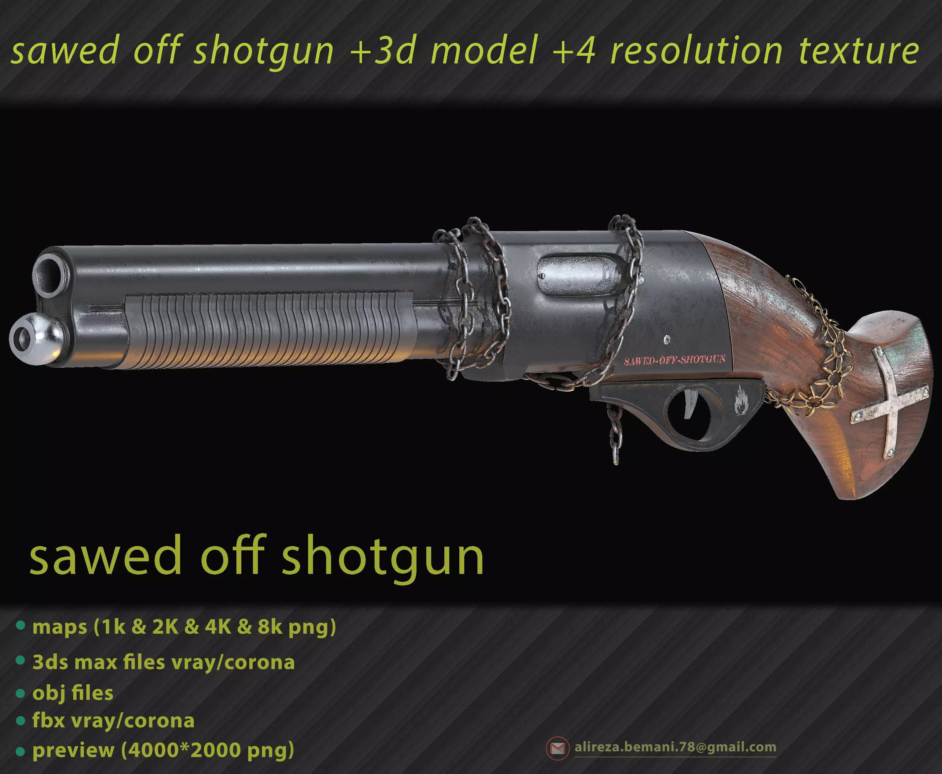 Sawed Off Shotgun With four textures resolutions Low-poly 3D model_0
