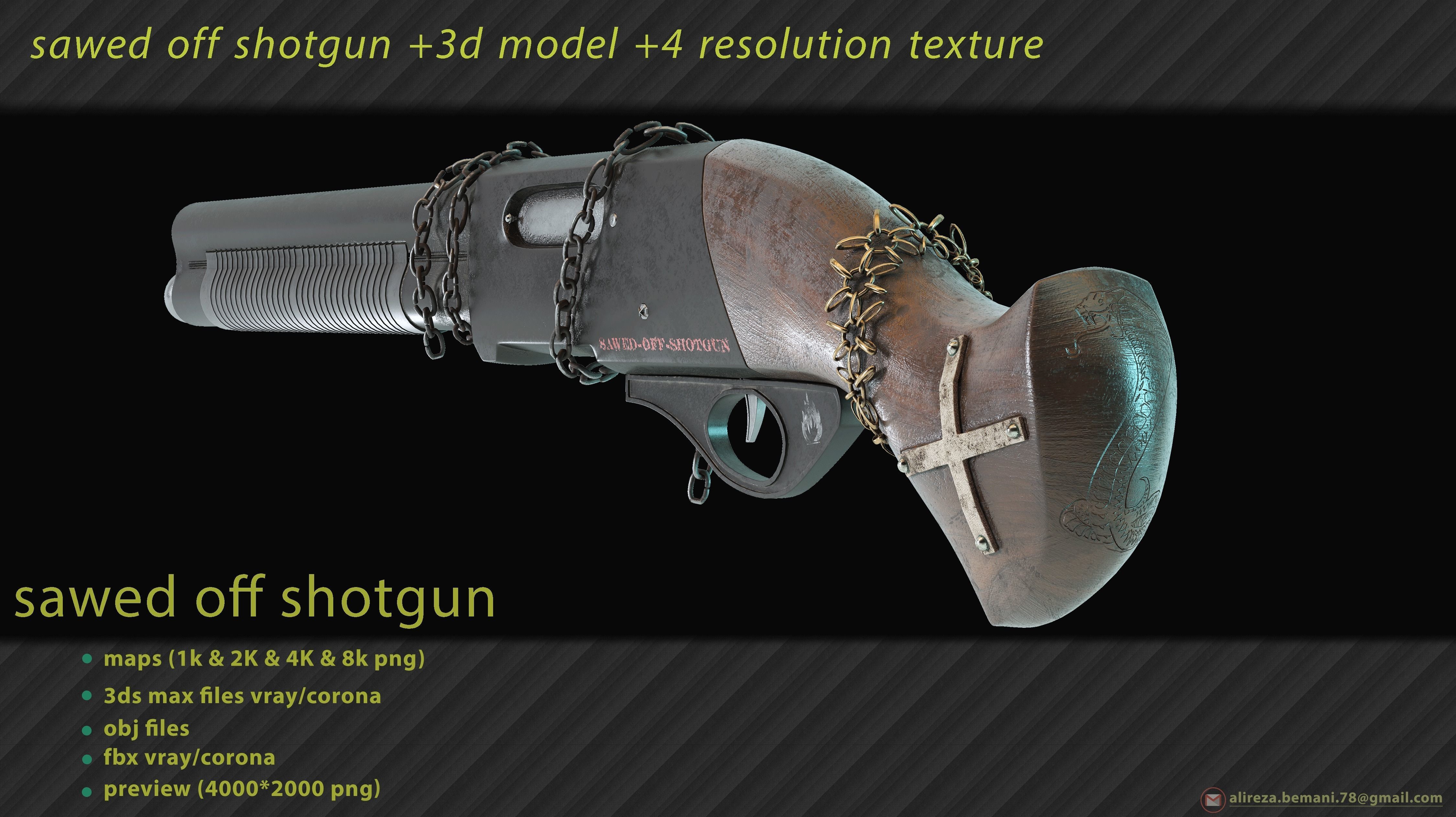 Sawed Off Shotgun With four textures resolutions Low-poly 3D model_2