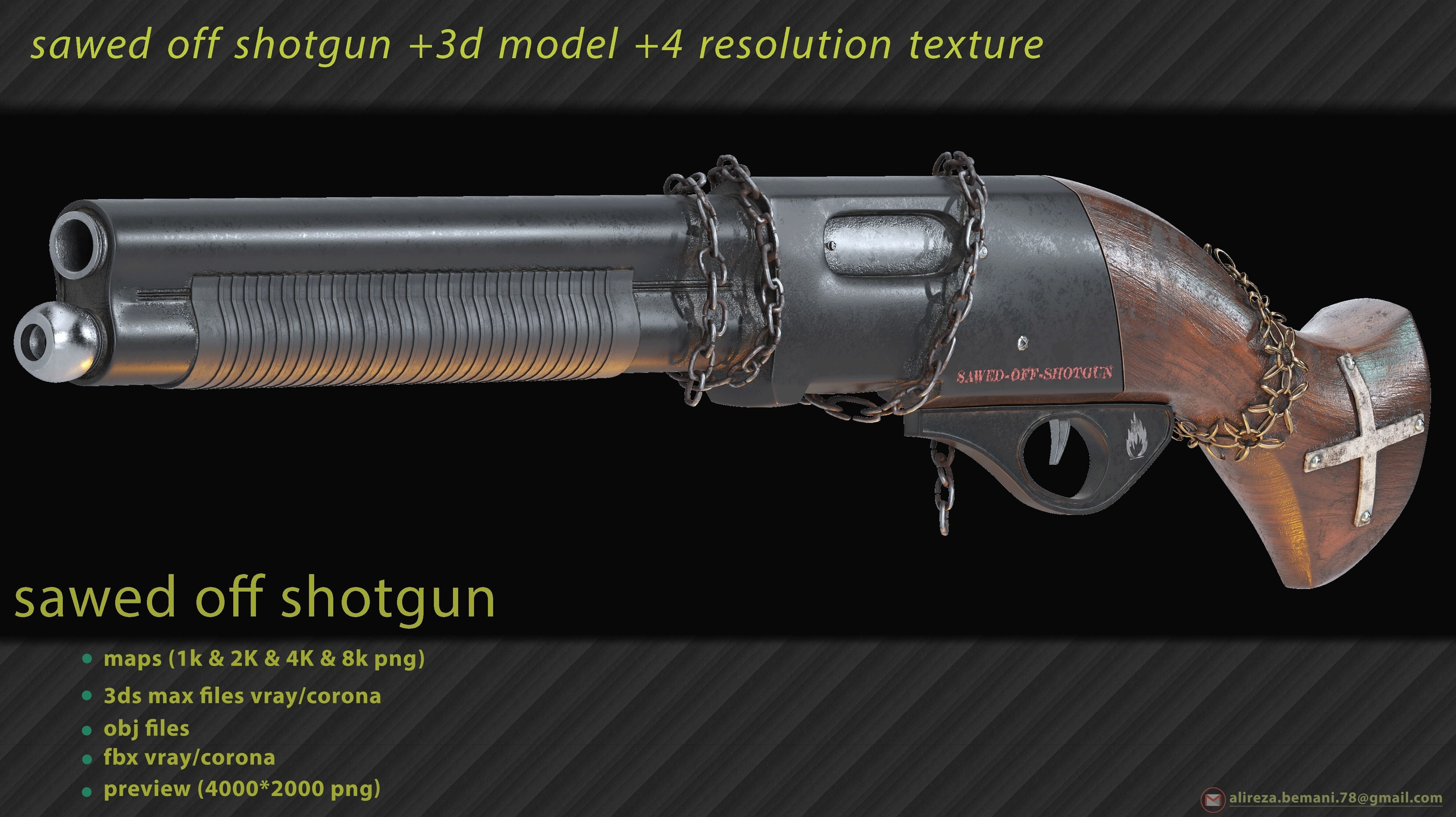 Sawed Off Shotgun With four textures resolutions Low-poly 3D model_1