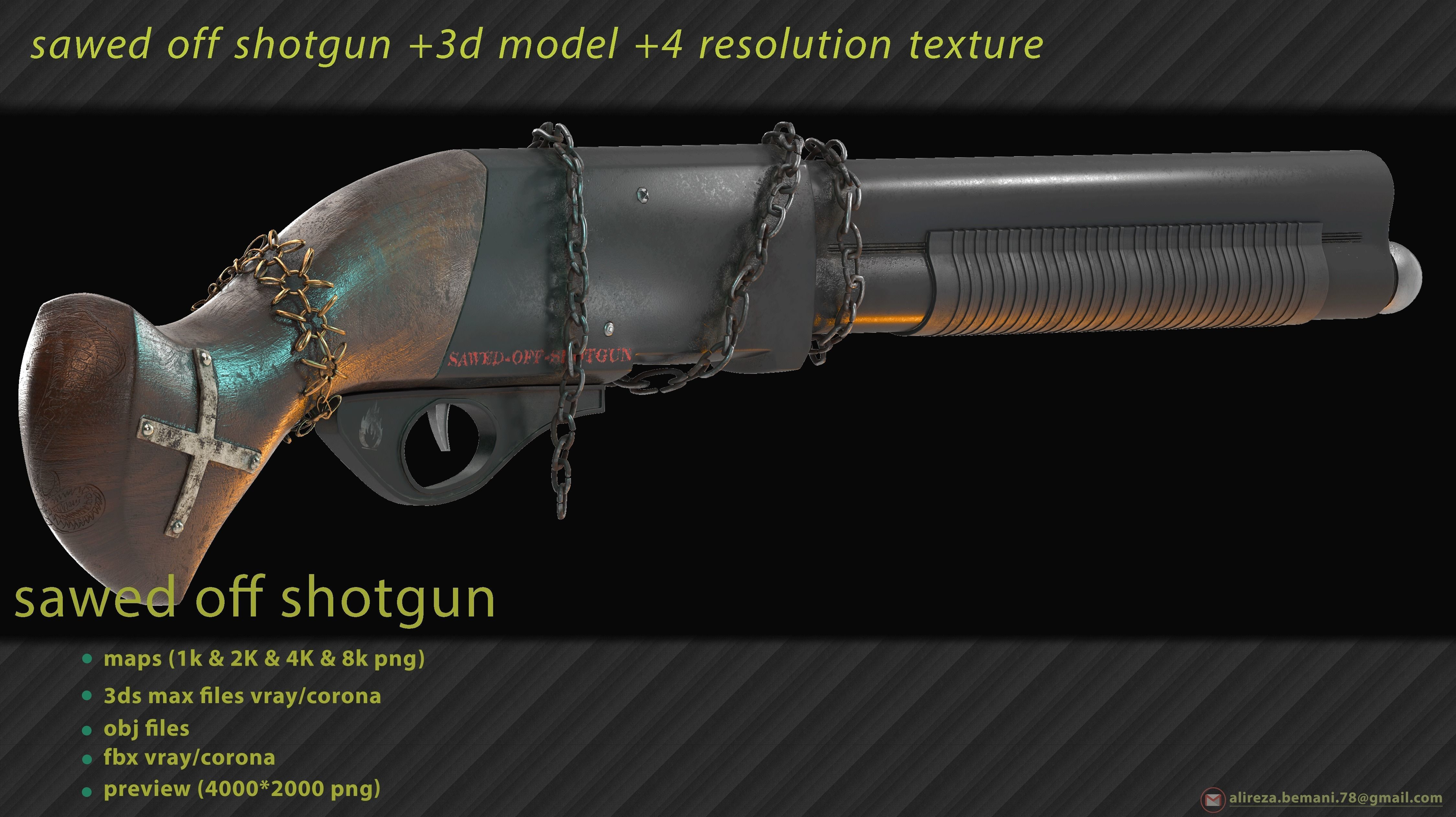 Sawed Off Shotgun With four textures resolutions Low-poly 3D model_3