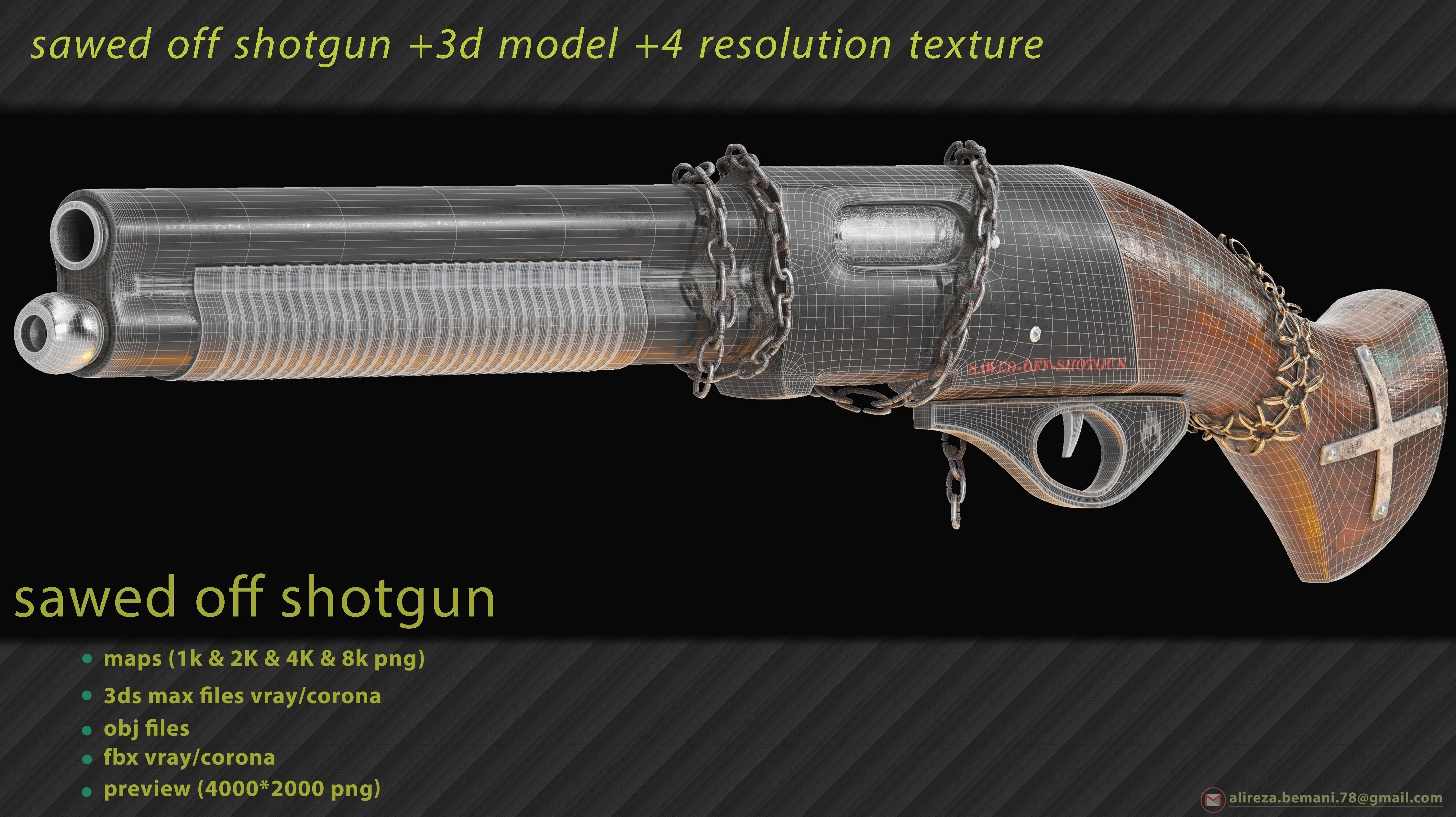 Sawed Off Shotgun With four textures resolutions Low-poly 3D model_4