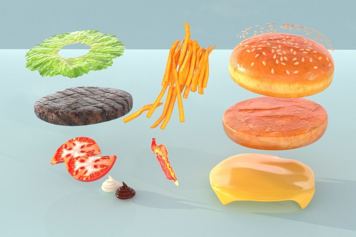 hamburger and fries Low-poly 3D model_2
