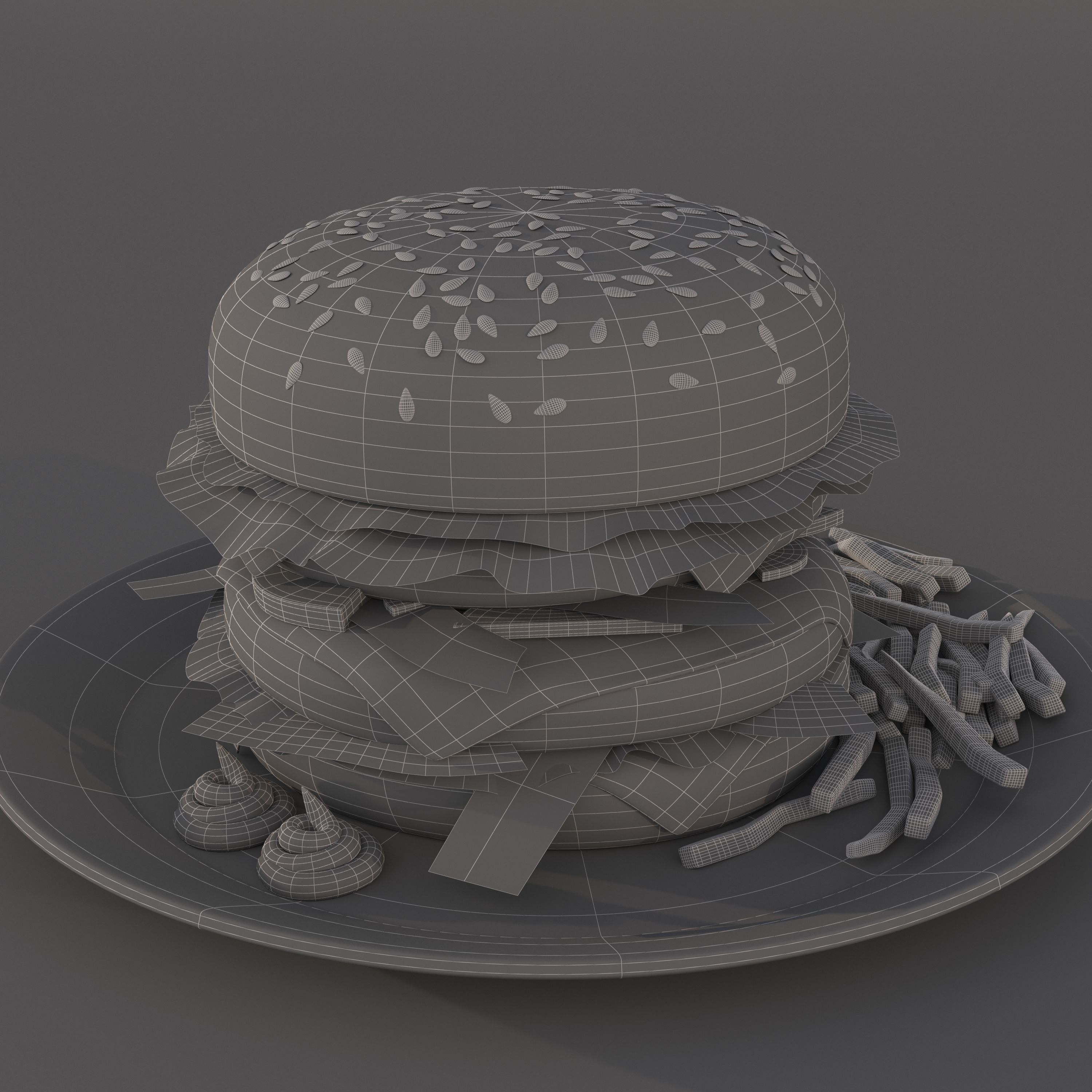 hamburger and fries Low-poly 3D model_4