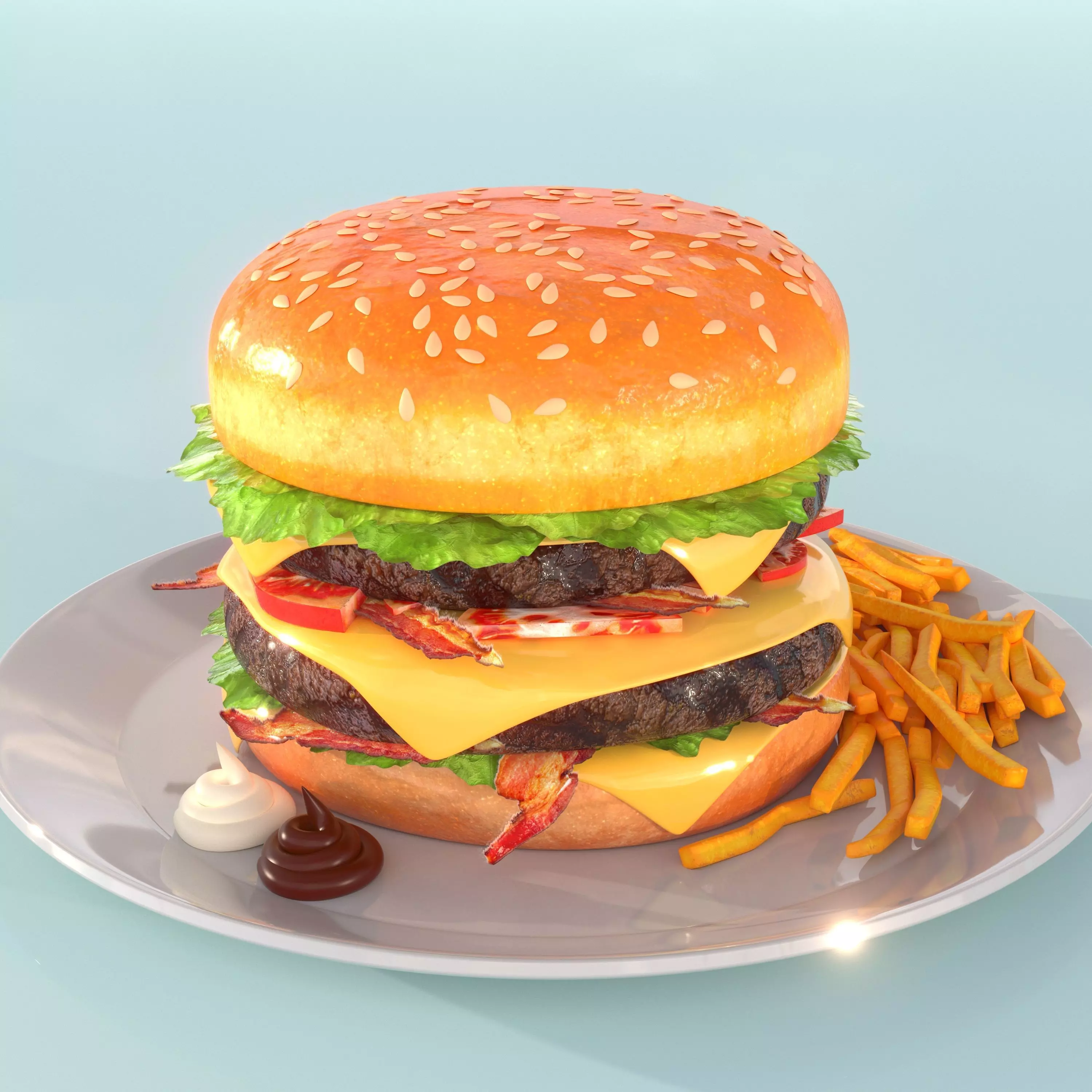 hamburger and fries Low-poly 3D model_0