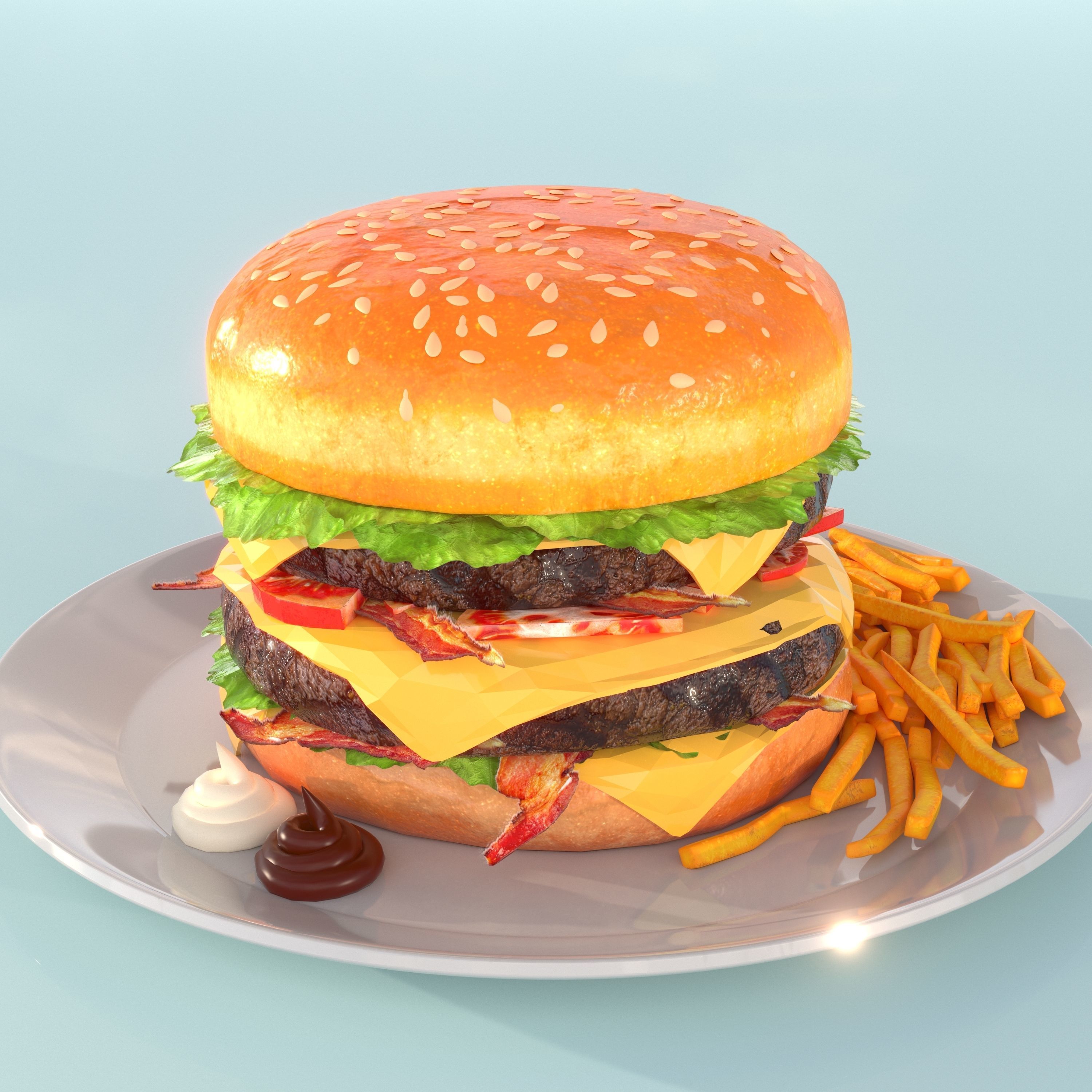 hamburger and fries Low-poly 3D model_1