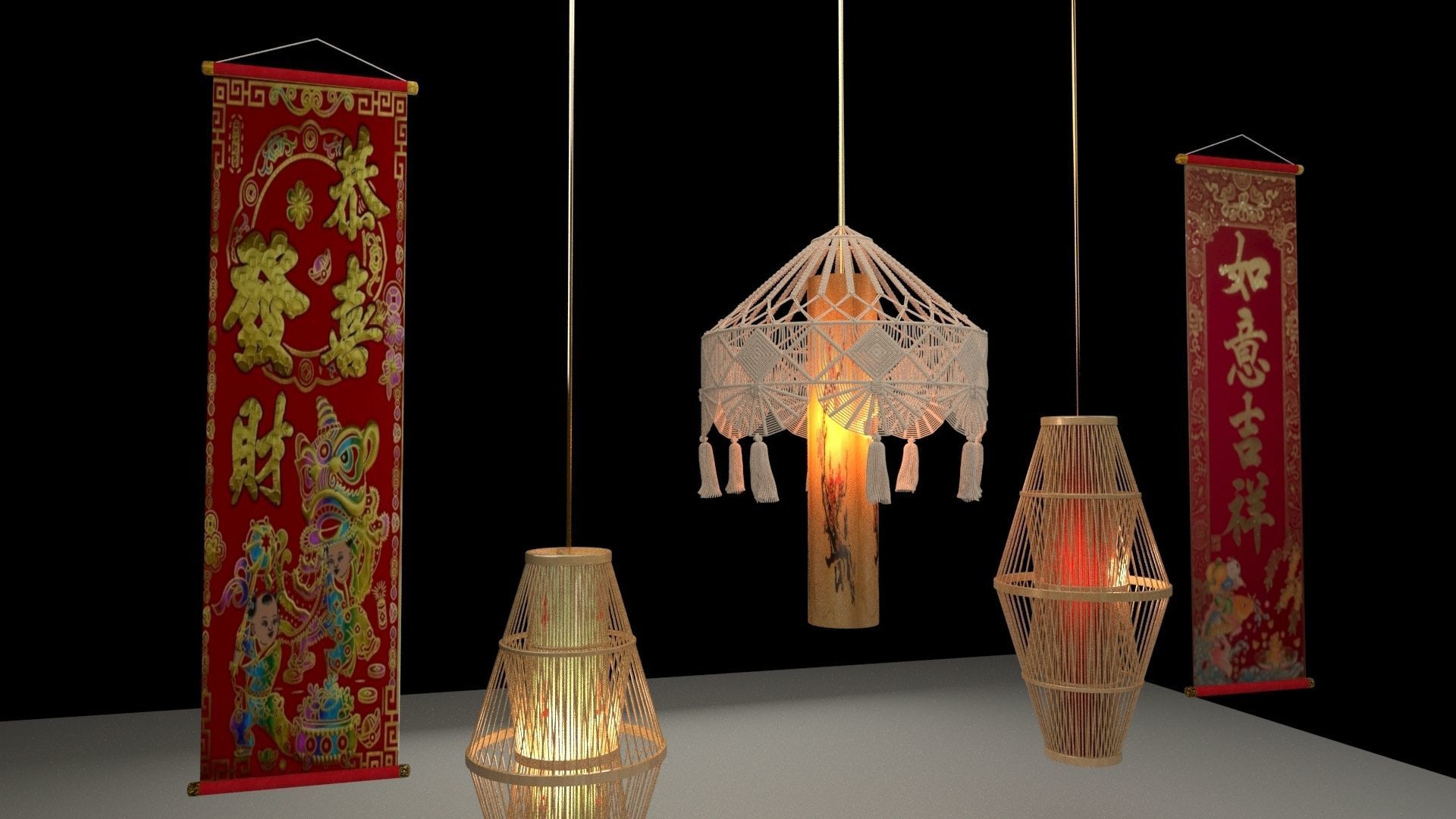 Chinese lantern with couplet 3D model_3