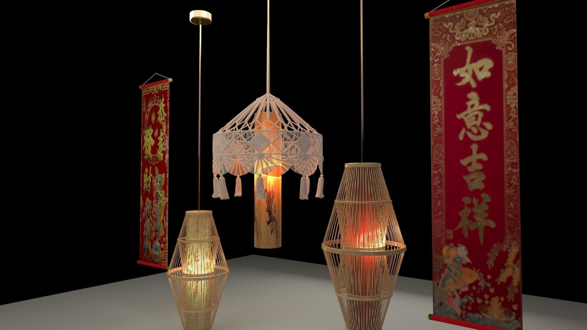 Chinese lantern with couplet 3D model_2